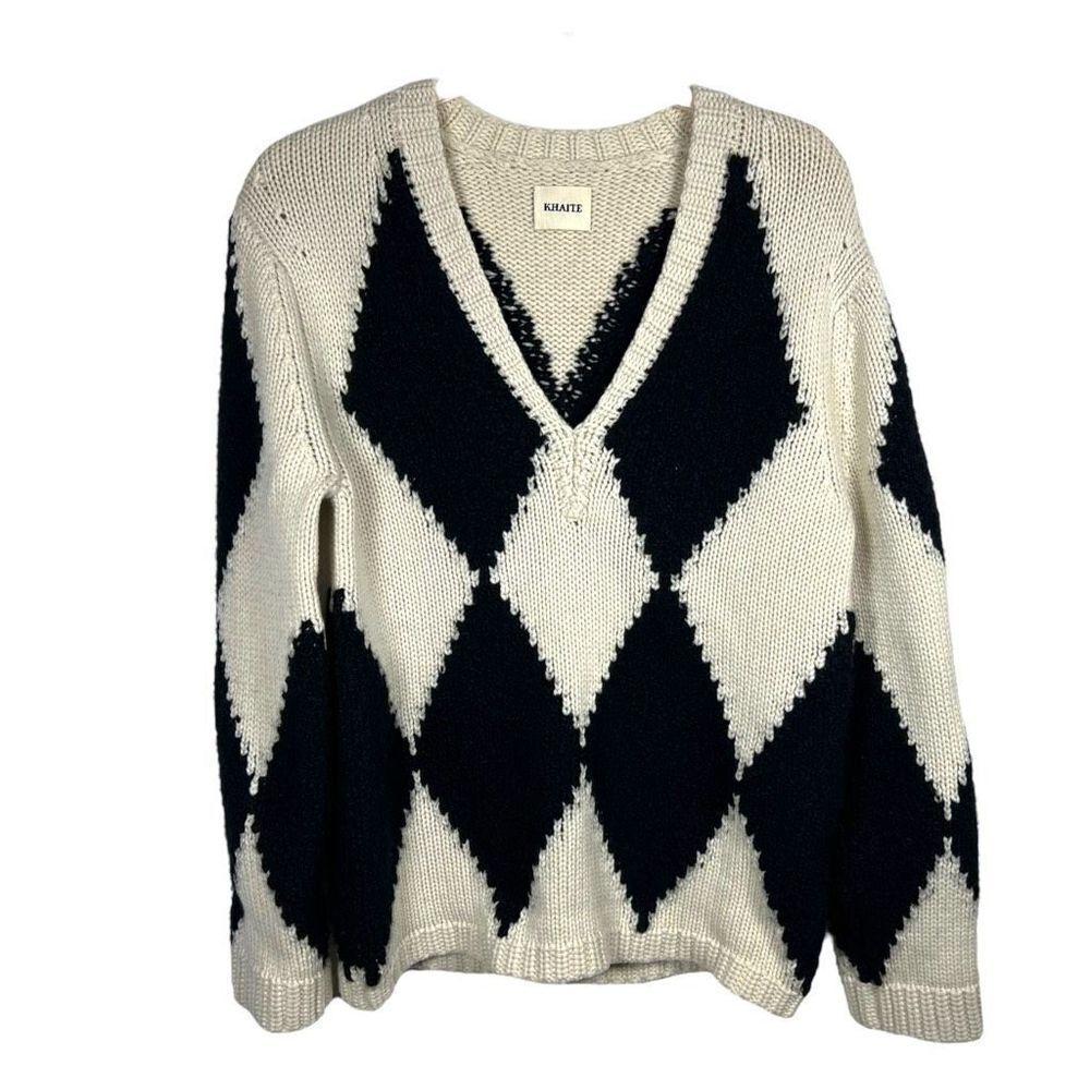 KHAITE The Valerie Argyle 100% Cashmere Academia Sweater Cream V Neck Size XS - Picture 7 of 12